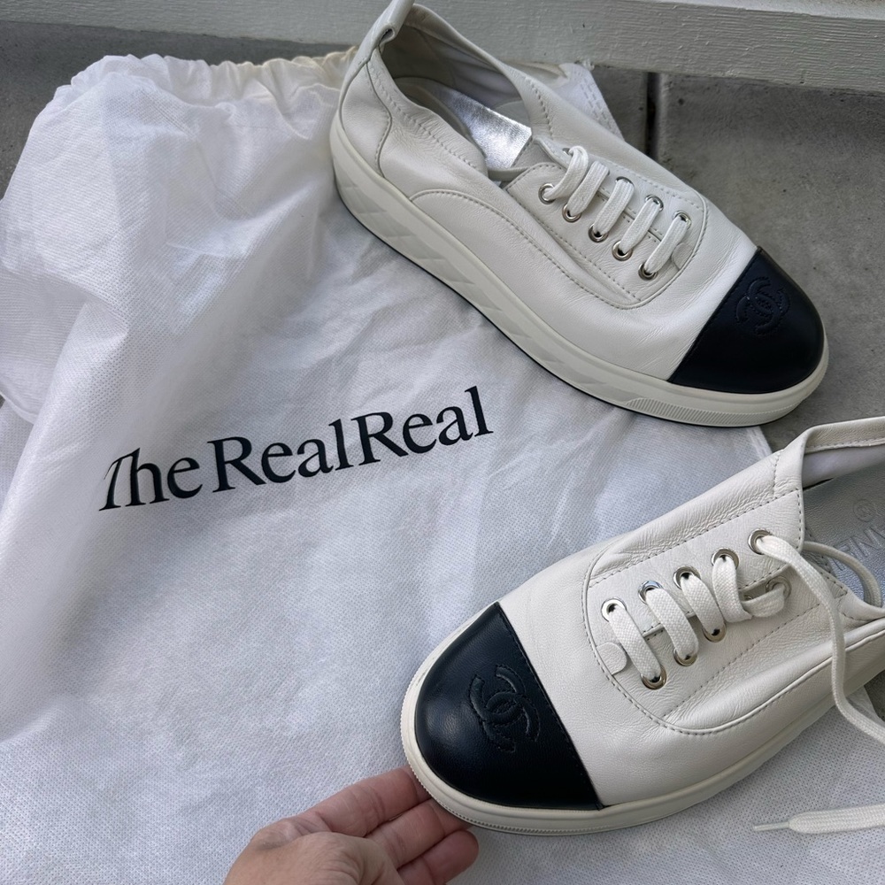 Chanel White and Black Leather Sneakers - Picture 4 of 16